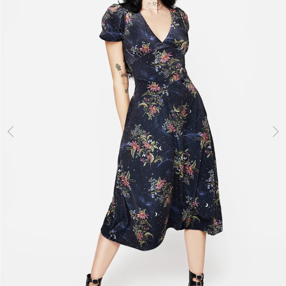 Disturbia Navy Floral Spiderweb Velvet Midi Dress